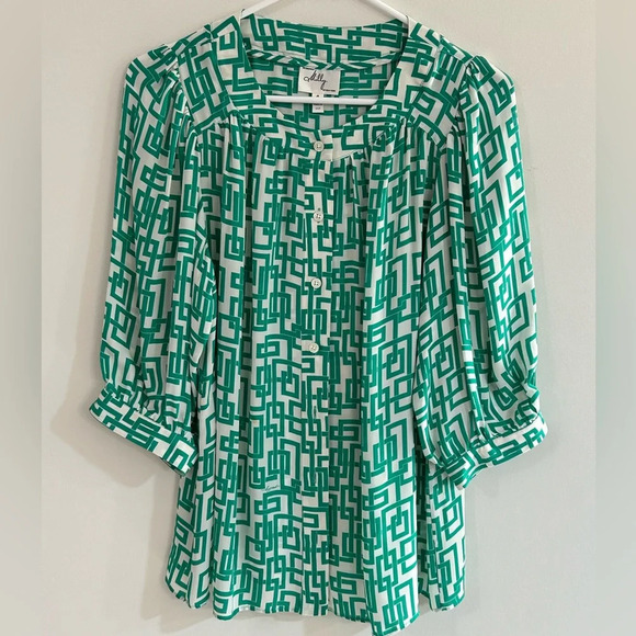 An Original Milly Of New York 100% Silk Blouse Green White Geometric 3/4 Sleeves - Picture 1 of 6